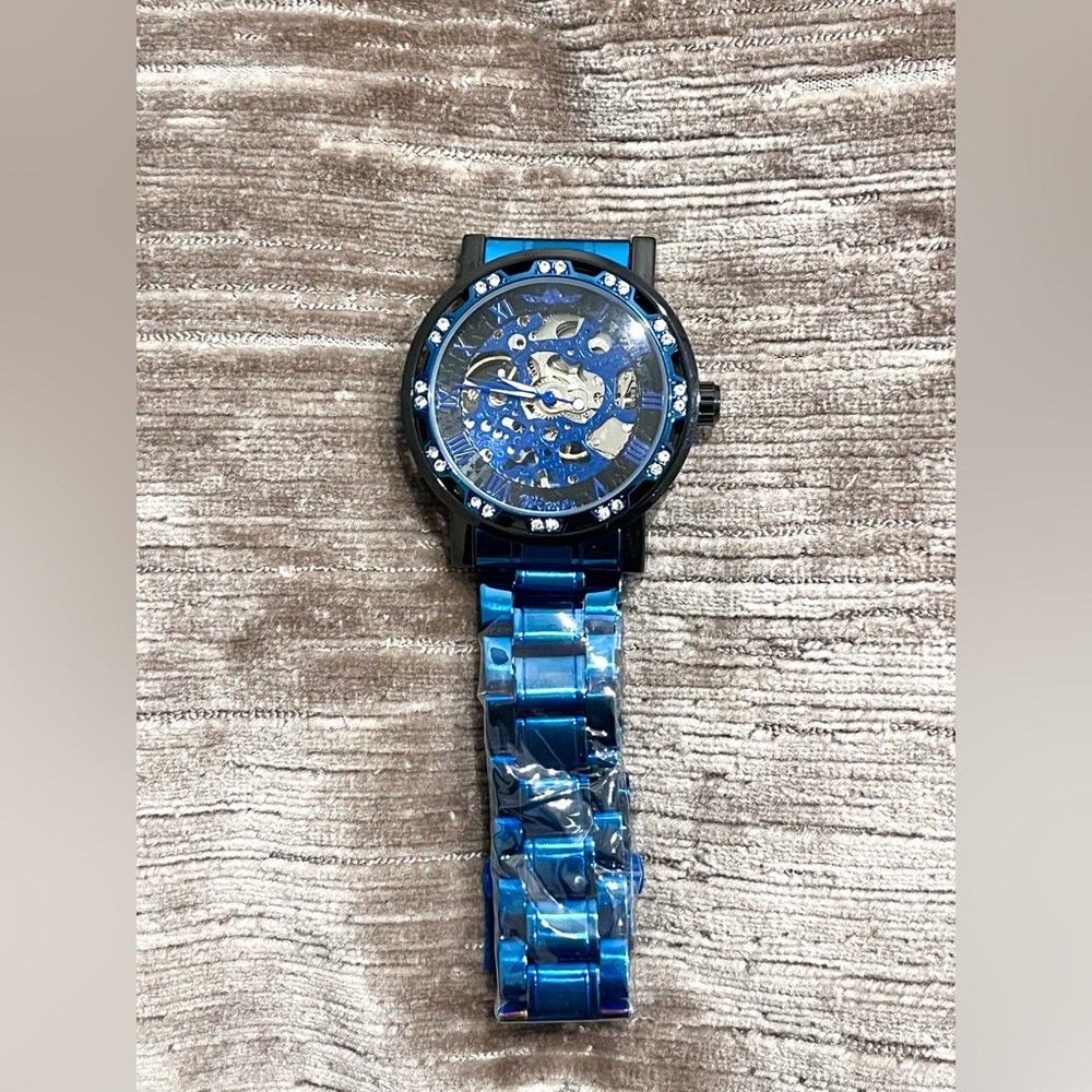 Winner Blue Stainless Steel Skeleton Mechanical Watch Crystal Bezel